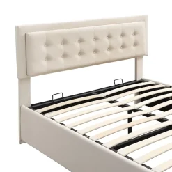 Generique Lit coffre 140x200 cm - Lit coffre hydraulique avec 2 tiroirs et sommier à lattes - Velours - Sans Matelas - Beige Clearance