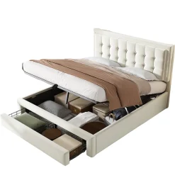 Generique Lit coffre 140x200 cm - Lit coffre hydraulique avec 2 tiroirs et sommier à lattes - Velours - Sans Matelas - Beige Clearance
