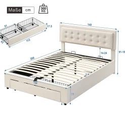 Generique Lit coffre 140x200 cm - Lit coffre hydraulique avec 2 tiroirs et sommier à lattes - Velours - Sans Matelas - Beige Clearance