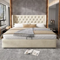 Okwish Lit coffre 160x200 cm - Lit double avec sommier à lattes et coffre hydraulique - Velours - Sans Matelas - Beige Discount