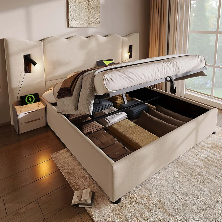 Generique Lit Coffre 180x200 cm - Lit Double Capitonné avec Lampe de Lecture et Charge USB Type-C - Lin Beige - Sans Matelas