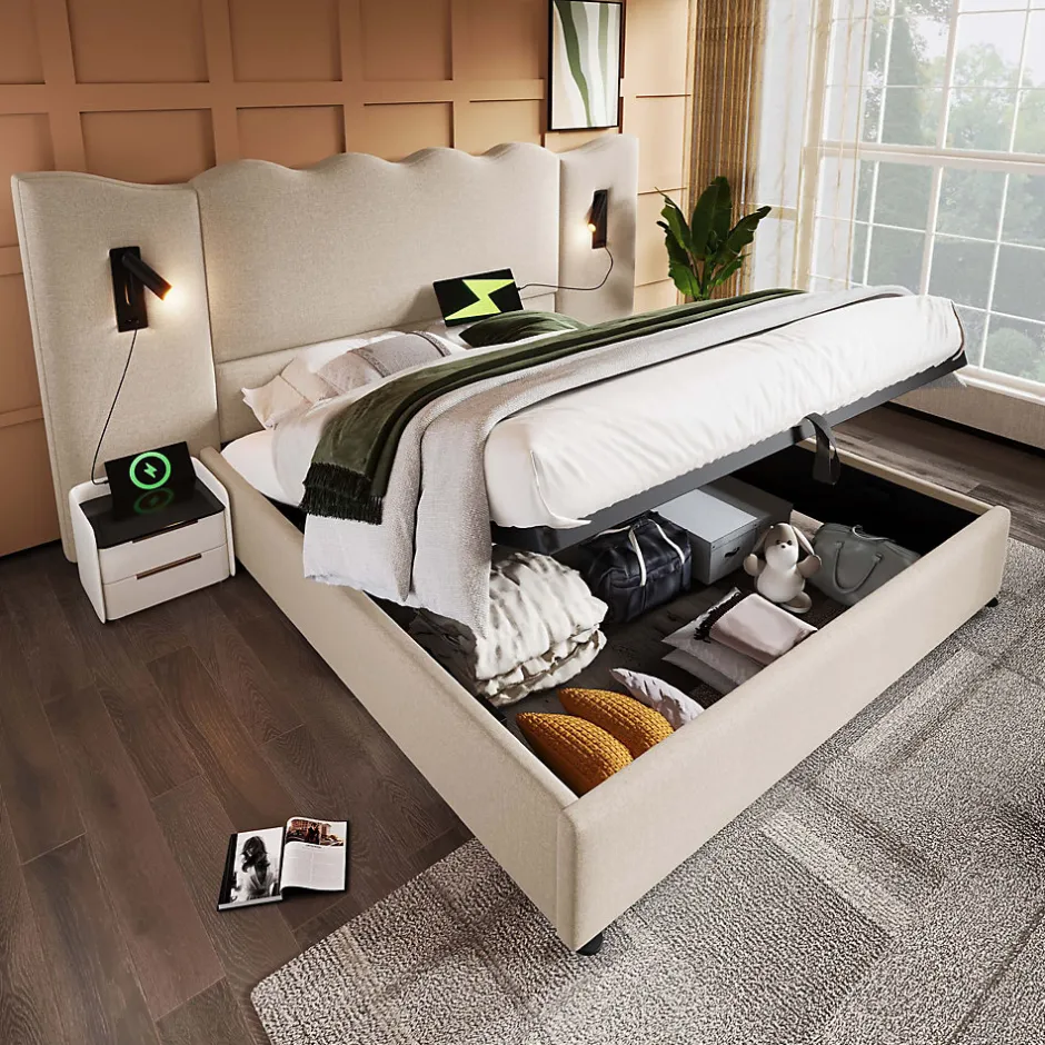 Generique Lit Coffre 180x200 cm - Lit Double Capitonné avec Lampe de Lecture et Charge USB Type-C - Lin Beige - Sans Matelas