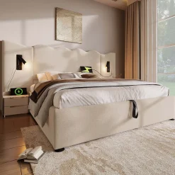 Generique Lit Coffre 180x200 cm - Lit Double Capitonné avec Lampe de Lecture et Charge USB Type-C - Lin Beige - Sans Matelas