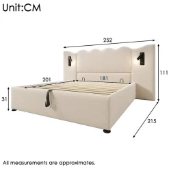 Generique Lit Coffre 180x200 cm - Lit Double Capitonné avec Lampe de Lecture et Charge USB Type-C - Lin Beige - Sans Matelas