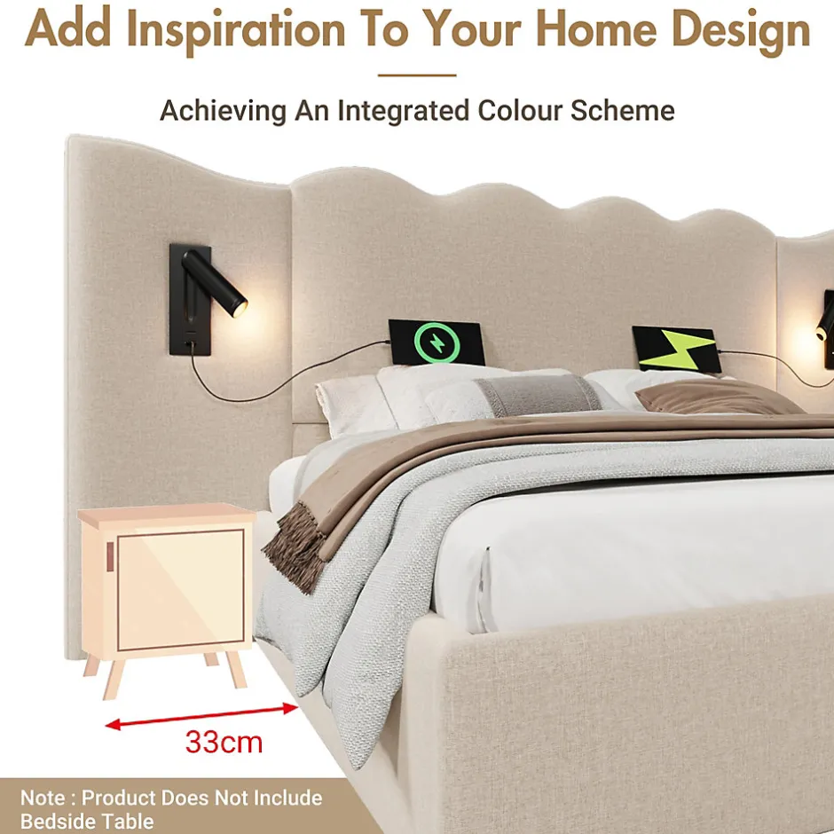 Generique Lit Coffre 180x200 cm - Lit Double Capitonné avec Lampe de Lecture et Charge USB Type-C - Lin Beige - Sans Matelas