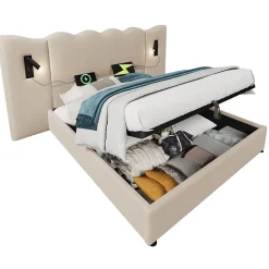 Generique Lit Coffre 180x200 cm - Lit Double Capitonné avec Lampe de Lecture et Charge USB Type-C - Lin Beige - Sans Matelas