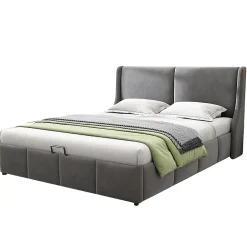 Okwish Lit coffre 140x200 cm - Lit double capitonné avec tête de lit oreille - Velours - Sans Matelas - Gris Online