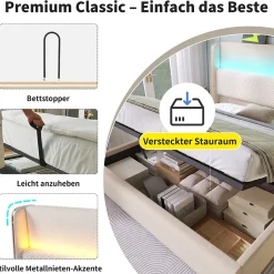 Okwish Lit Coffre 160x200 cm - Lit Double avec Sommier Relevable et Rangement - Ports USB Type-C - Tissu Lin Beige - Sans Matelas Outlet