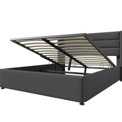 Okwish Lit coffre 160x200 cm - Lit double rembourré Gris avec sommier à lattes - Lin - Sans Matelas