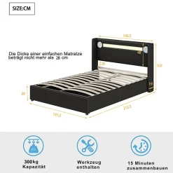 Okwish Lit Coffre 140x200 cm - Lit Double capitonné avec LED, Bluetooth et USB, Coffre en Simili Cuir Noir