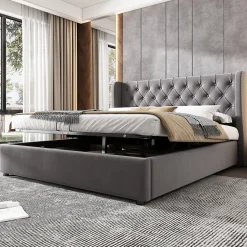 Generique Lit coffre 140x200 cm - Lit double avec sommier à lattes et Coffre hydraulique - Capitonné Velours - Sans Matelas - Gris