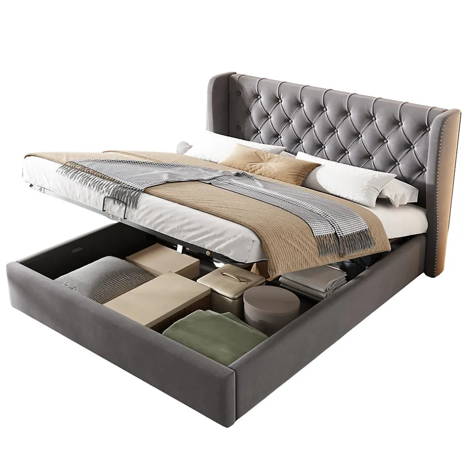 Generique Lit coffre 140x200 cm - Lit double avec sommier à lattes et Coffre hydraulique - Capitonné Velours - Sans Matelas - Gris