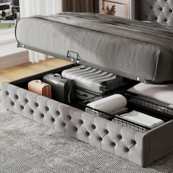 Okwish Lit Coffre 180x200 cm - Lit Double Capitonné avec Rangement Hydraulique, Velours, Sans Matelas, Gris Sale