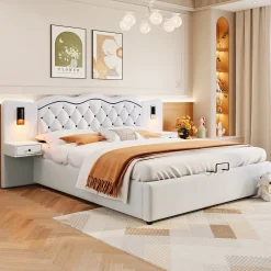 Okwish Lit Coffre 180x200 cm - Lit Double avec Tête de Lit Intégrée et 2 Lampes - Lin - Sans Matelas - Beige