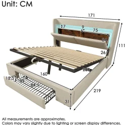 Okwish Lit Coffre 160x200 cm - Lit Double Rembourré avec LED et USB, Niche de Rangement, sans Matelas, en Lin Beige Best