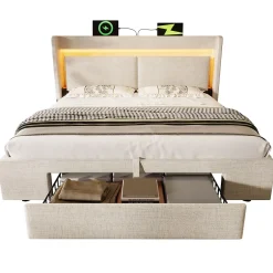 Okwish Lit Coffre 160x200 cm - Lit Double Rembourré avec LED et USB, Niche de Rangement, sans Matelas, en Lin Beige Best