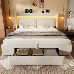 Okwish Lit Coffre 160x200 cm - Lit Double Rembourré avec LED et USB, Niche de Rangement, sans Matelas, en Lin Beige Best