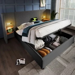 Okwish Lit coffre 180x200 cm - Lit double capitonné avec table de chevet et lampe de lecture - Lin - Sans Matelas - Gris