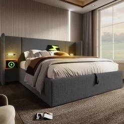 Okwish Lit coffre 180x200 cm - Lit double capitonné avec table de chevet et lampe de lecture - Lin - Sans Matelas - Gris