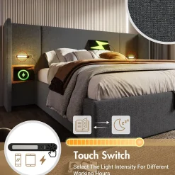 Okwish Lit coffre 180x200 cm - Lit double capitonné avec table de chevet et lampe de lecture - Lin - Sans Matelas - Gris