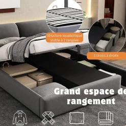 Okwish Lit coffre 140x190 cm - lit double capitonné élégant en velours avec 3 tiroirs et rangement hydraulique - gris - sans matelas Online