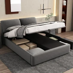 Okwish Lit coffre 140x190 cm - lit double capitonné élégant en velours avec 3 tiroirs et rangement hydraulique - gris - sans matelas Online