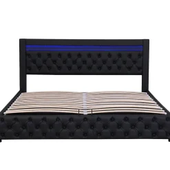 Okwish Lit coffre 140x200 cm - Lit double avec coffre de rangement et éclairage LED - Lit capitonné en cuir PU - Sans matelas - Noir Clearance