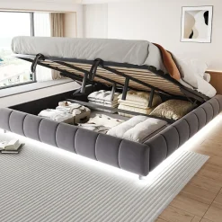 Okwish Lit Coffre 180x200 cm - Lit Double avec Éclairage LED, design Moderne et Espace de Rangement - Sans Matelas, Velours Gris