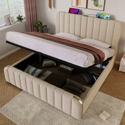 Okwish Lit coffre 180x200 cm - Lit double rembourré avec fonction USB Type-C - Lin - Sans Matelas - Beige