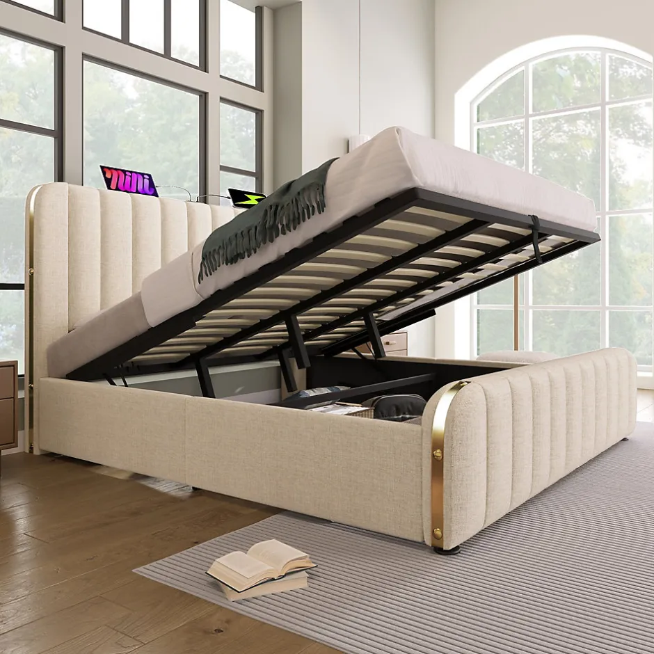 Okwish Lit coffre 180x200 cm - Lit double rembourré avec fonction USB Type-C - Lin - Sans Matelas - Beige
