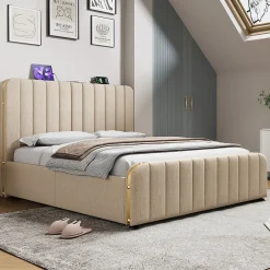 Okwish Lit coffre 180x200 cm - Lit double rembourré avec fonction USB Type-C - Lin - Sans Matelas - Beige