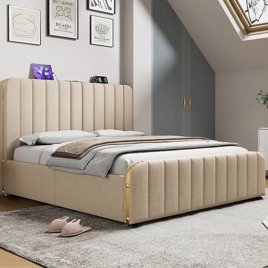 Okwish Lit coffre 180x200 cm - Lit double rembourré avec fonction USB Type-C - Lin - Sans Matelas - Beige
