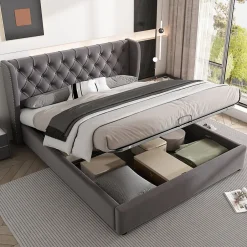 Okwish Lit coffre 140x190 cm - Lit double avec sommier à lattes et coffre hydraulique - Capitonné Velours - Sans Matelas - Gris