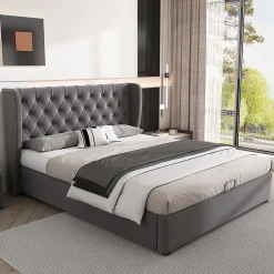 Okwish Lit coffre 140x190 cm - Lit double avec sommier à lattes et coffre hydraulique - Capitonné Velours - Sans Matelas - Gris