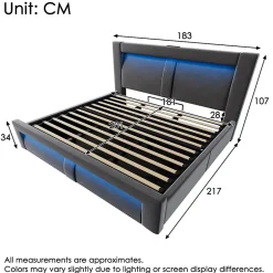 Okwish Lit Coffre 180x200 cm - Lit Double Capitonné avec LED Contrôlée par Application, Ports USB/Type-C - Sans Matelas - Gris Best
