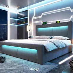 Okwish Lit Coffre 180x200 cm - Lit Double Capitonné avec LED Contrôlée par Application, Ports USB/Type-C - Sans Matelas - Gris Best