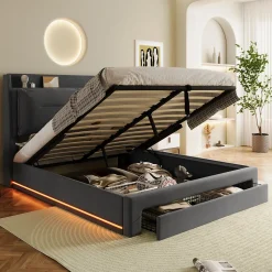 Okwish Lit coffre 140x190 cm - Lit Double Capitonné avec Tiroirs et Éclairage LED - Velours - Sans Matelas - Gris