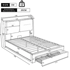 Okwish Lit coffre 140x190 cm - Lit Double Capitonné avec Tiroirs et Éclairage LED - Velours - Sans Matelas - Gris