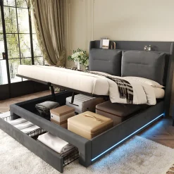 Okwish Lit coffre 140x190 cm - Lit Double Capitonné avec Tiroirs et Éclairage LED - Velours - Sans Matelas - Gris