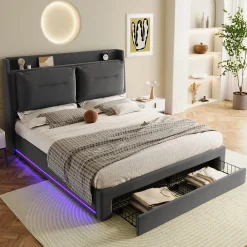 Okwish Lit coffre 140x190 cm - Lit Double Capitonné avec Tiroirs et Éclairage LED - Velours - Sans Matelas - Gris