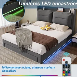 Okwish Lit coffre 140x190 cm - Lit Double Capitonné avec Tiroirs et Éclairage LED - Velours - Sans Matelas - Gris