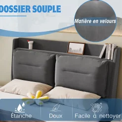 Okwish Lit coffre 140x190 cm - Lit Double Capitonné avec Tiroirs et Éclairage LED - Velours - Sans Matelas - Gris