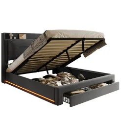 Okwish Lit coffre 140x190 cm - Lit Double Capitonné avec Tiroirs et Éclairage LED - Velours - Sans Matelas - Gris