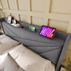 Okwish Lit Coffre 140x200 Cm - Lit Double avec Sommier à Lattes et USB Type C - Coton Bois Métal - Sans Matelas - Gris Sale