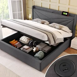 Okwish Lit Coffre 140x200 Cm - Lit Double avec Sommier à Lattes et USB Type C - Coton Bois Métal - Sans Matelas - Gris Sale