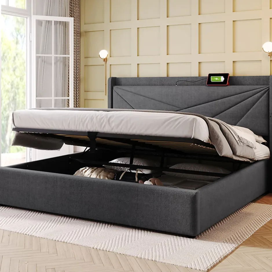 Okwish Lit Coffre 140x200 Cm - Lit Double avec Sommier à Lattes et USB Type C - Coton Bois Métal - Sans Matelas - Gris Sale