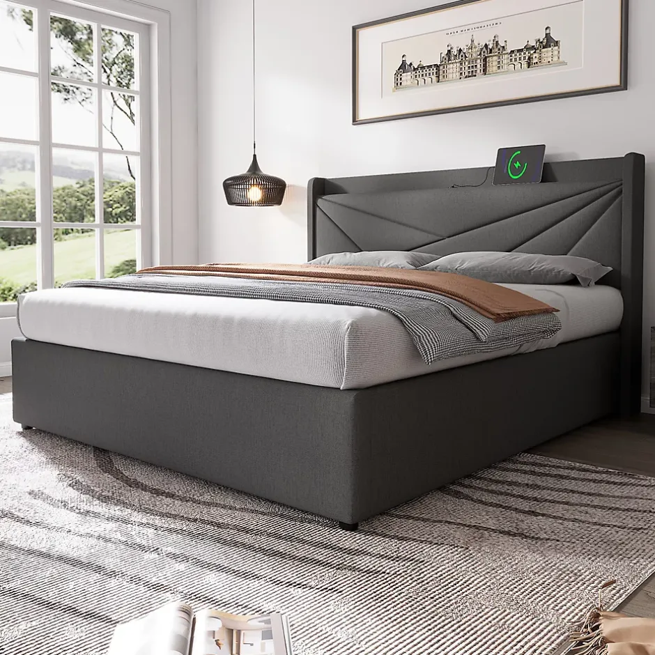 Okwish Lit Coffre 140x200 Cm - Lit Double avec Sommier à Lattes et USB Type C - Coton Bois Métal - Sans Matelas - Gris Sale