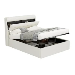 Okwish Lit Coffre 140x200 cm - Lit Double Capitonné avec Tête de Lit et Rangement Caché - PU - Sans Matelas - Blanc Sale
