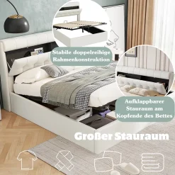 Okwish Lit Coffre 140x200 cm - Lit Double Capitonné avec Tête de Lit et Rangement Caché - PU - Sans Matelas - Blanc Sale