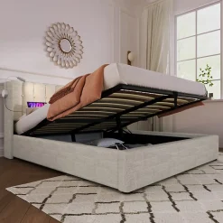 Okwish Lit Coffre 160x200 Cm - Lit Double avec Lampe de Lecture et Ports USB - Lin - Sans Matelas - Beige